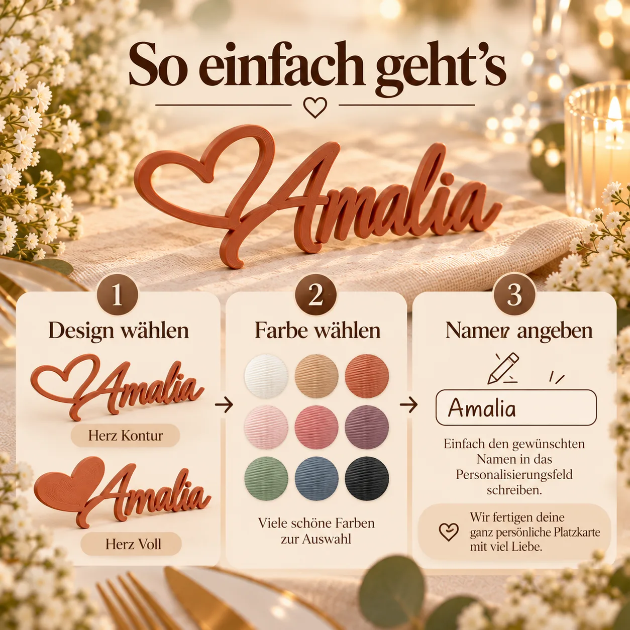 Tarjeta de mesa de boda personalizada con corazón, foto 3