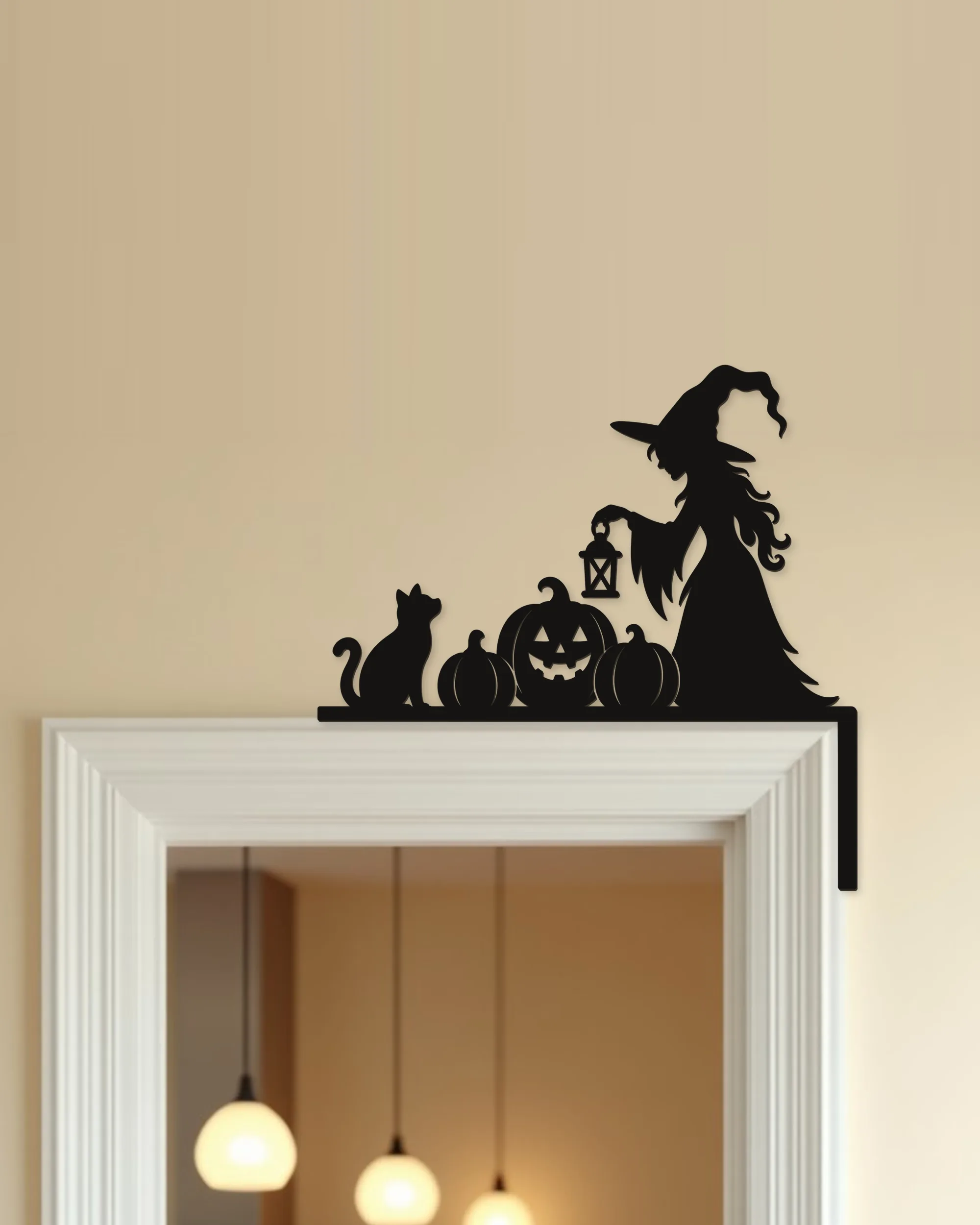 Halloween Türdeko Hexe mit Kürbissen & Laterne