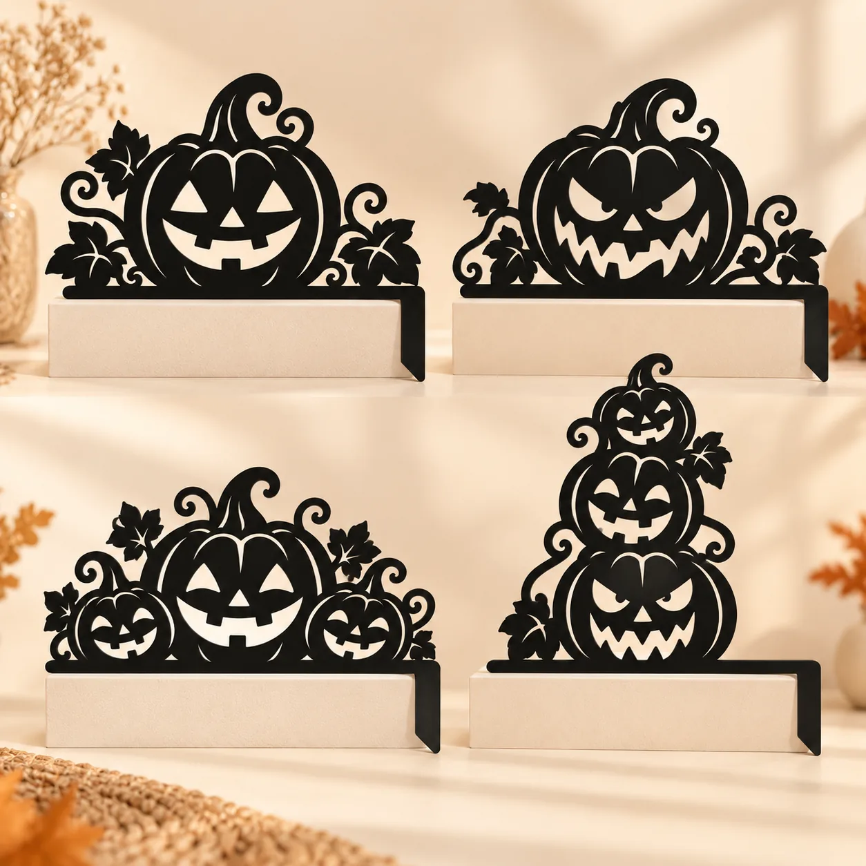 Vier schwarze Kürbis-Türdekos für Halloween vor einem warmen Hintergrund