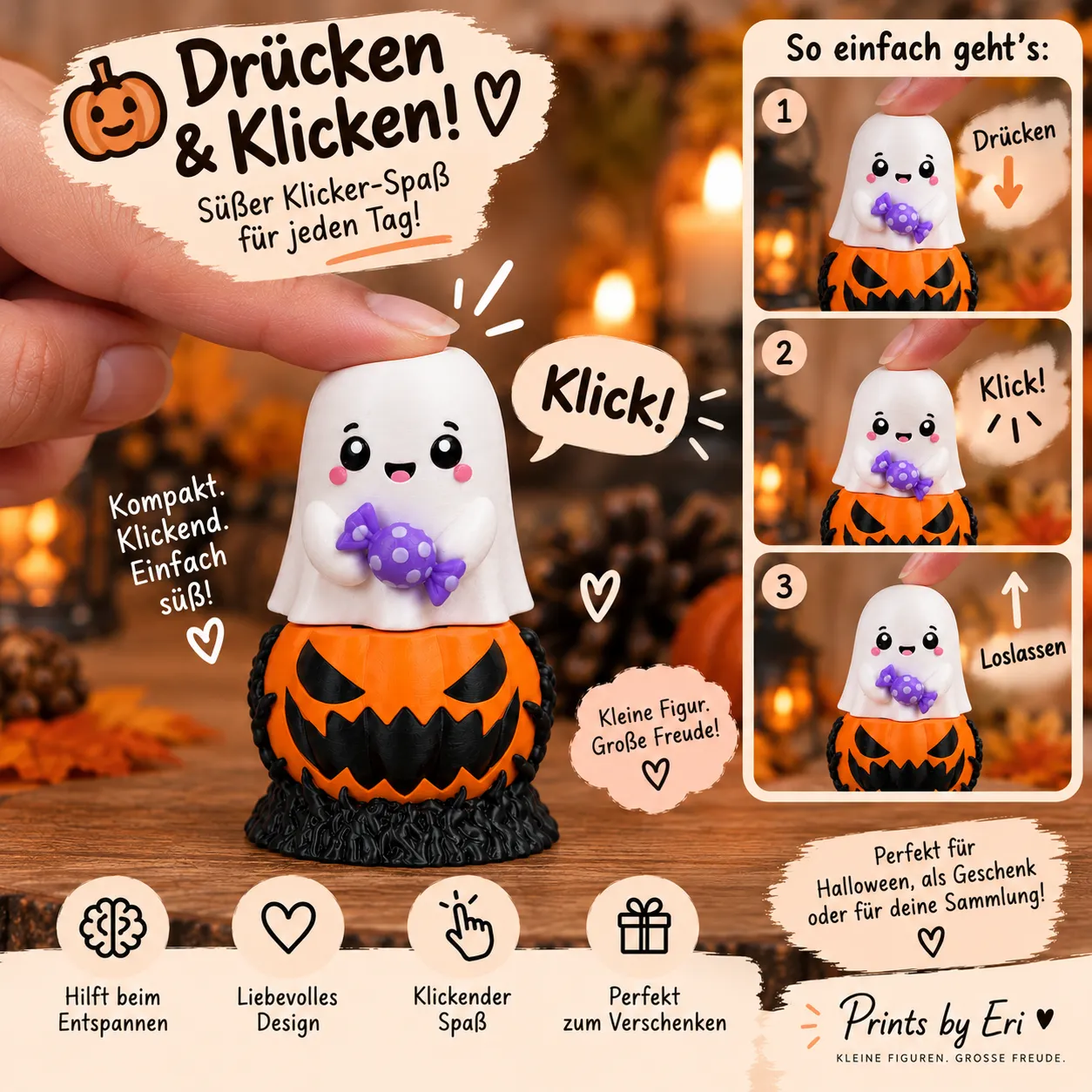 3D-gedruckter Halloween-Geist als kleines Geschenk vor dunklem Herbsthintergrund