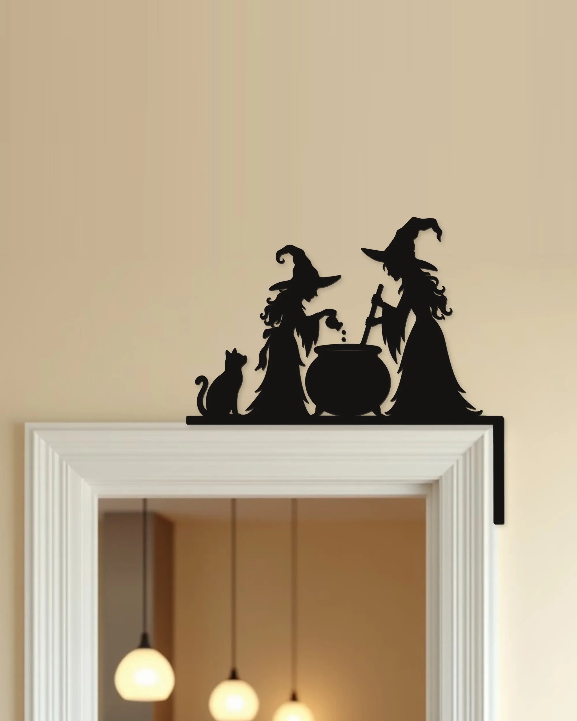 Halloween Türdeko Zwei Hexen am Kessel